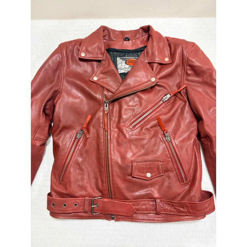 First Classics Maroon Leather Motorcycle Biker Jacket Belted Armor Medium
